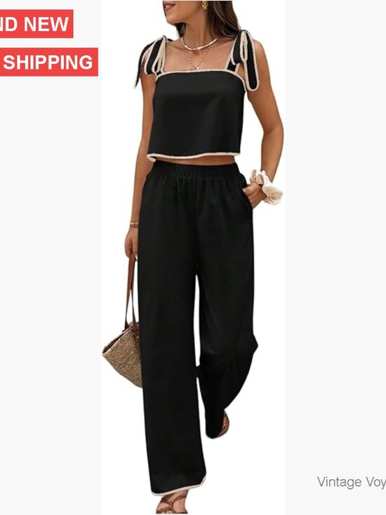 Women's Summer 2-Piece Set Tie Shoulder Crop Top and Pants Travel Outfit